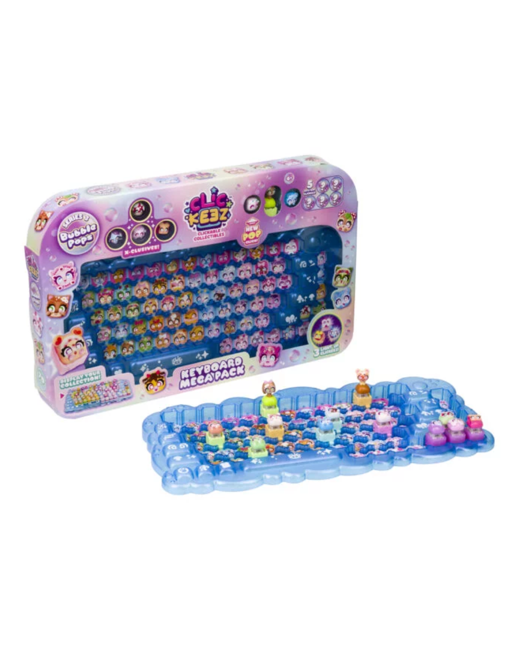 A children's toy set called 'Clickeez' shown with its retail packaging box and the blue plastic keyboard with small colorful clickeez figures on a white background.