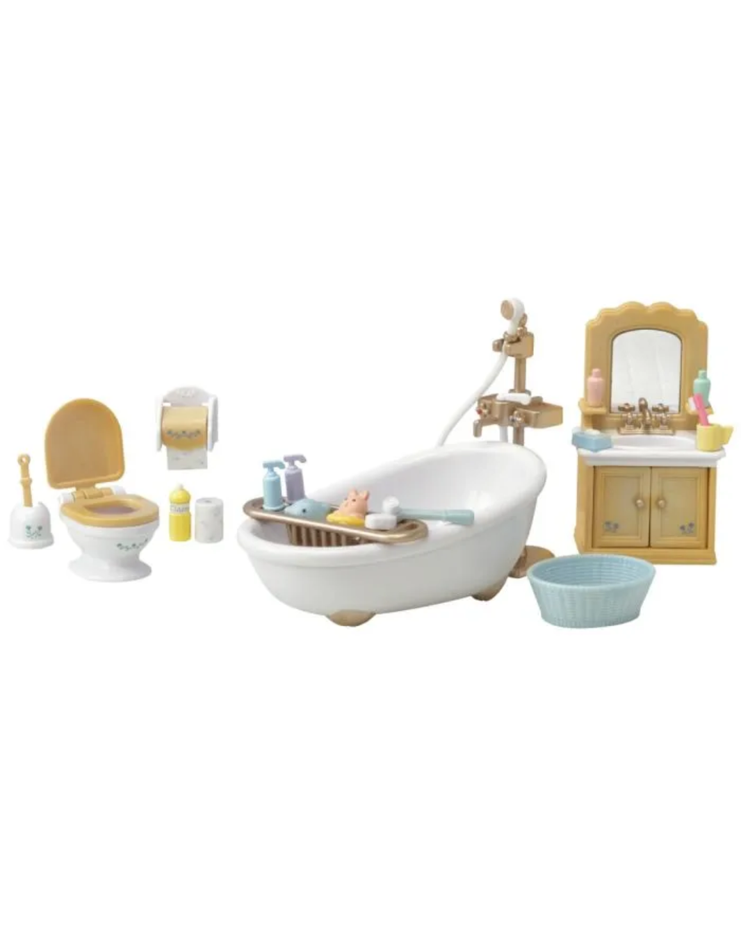 A small toy bathroom set with a white bathtub, wooden vanity, mirror, toilet, sink, bath mat, and a light blue basin, shown on a plain white background.