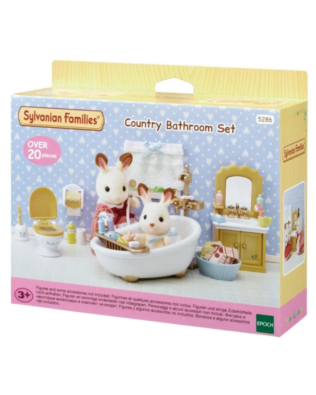 Sylvanian Families Country Bathroom Set toy box, featuring a small bunny bath set with a bathtub, toilet, washstand, and accessories, shown on a white background.