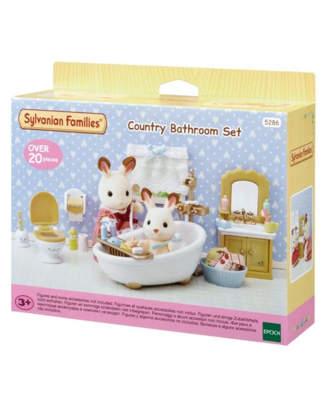 Sylvanian Families Country Bathroom Set toy box, featuring a small bunny bath set with a bathtub, toilet, washstand, and accessories, shown on a white background.