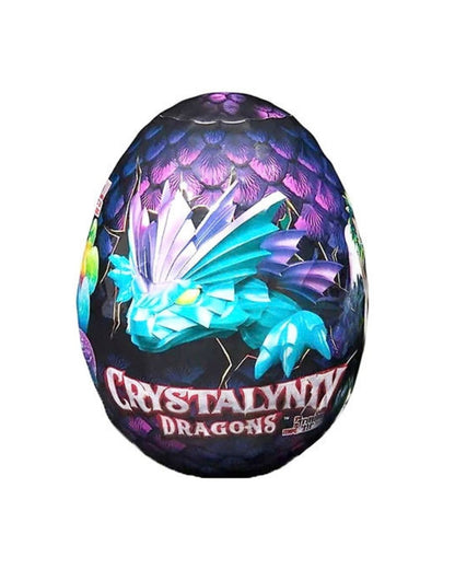A CrystaLynx Dragon toy egg featuring a colorful illustration of a blue and purple dragon on a black background, with the text 'CRYSTALYNX DRAGONS' printed on the front.