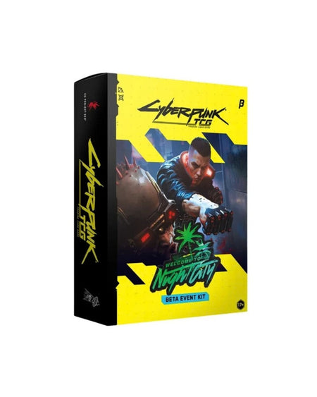 A boxed product package for Cyberpunk Welcome to Night City Beta Event Kit. The box is predominantly bright yellow with black side panels and a central illustrated character holding a weapon, with stylized Cyberpunk and Welcome to Night City branding.