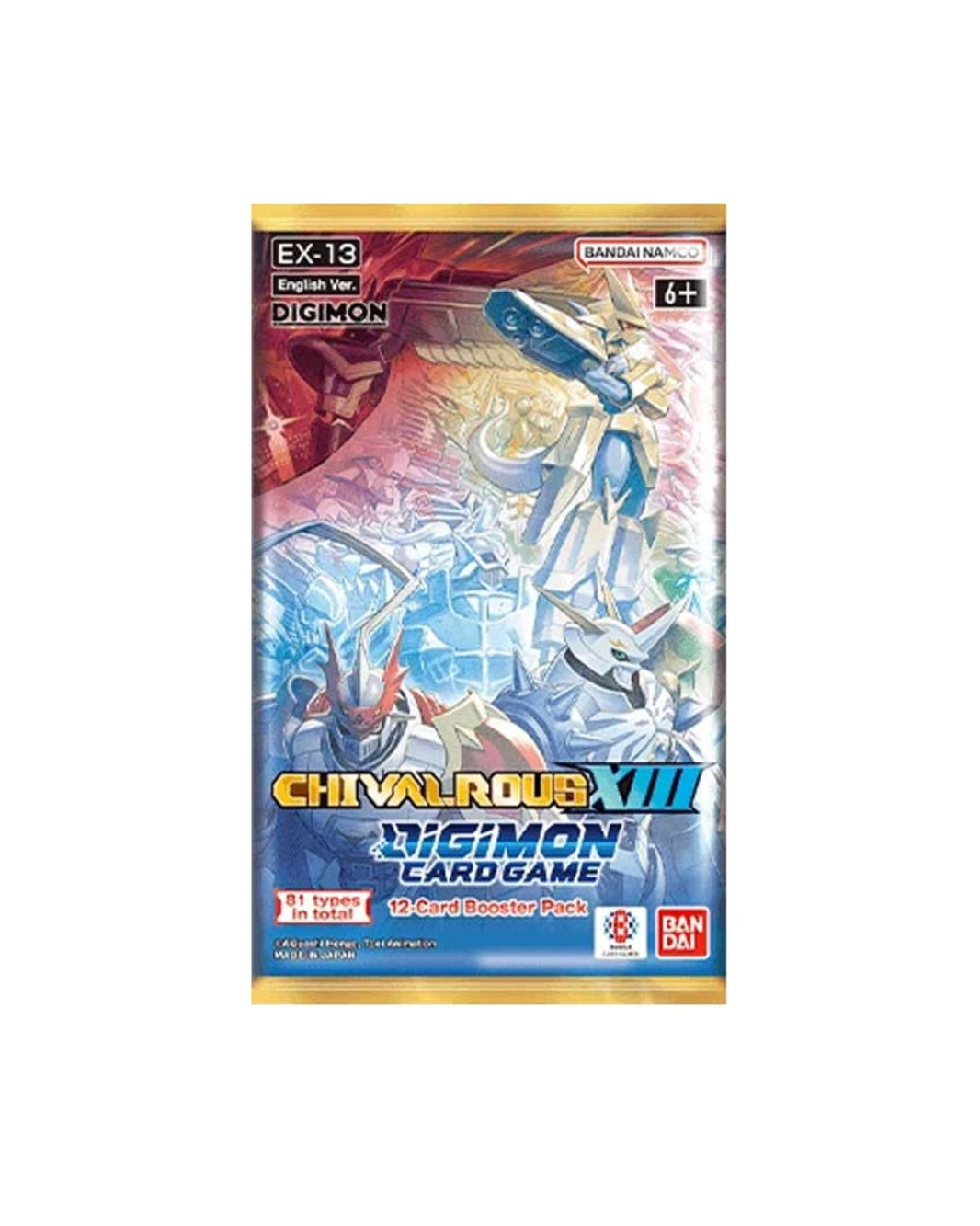 Digimon Chivalrous VIII Card Game booster pack, featuring a colorful illustration of Chivalrous and other Digimon on the front, with the Digimon and Bandai logos visible.