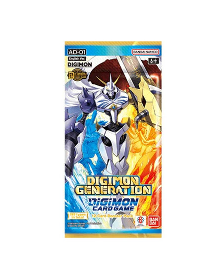 Digimon Generation Card Game booster pack packaging featuring a blue and white mecha robot on the left and a yellow and orange mecha robot on the right, with the Digimon Generation logo at the bottom.