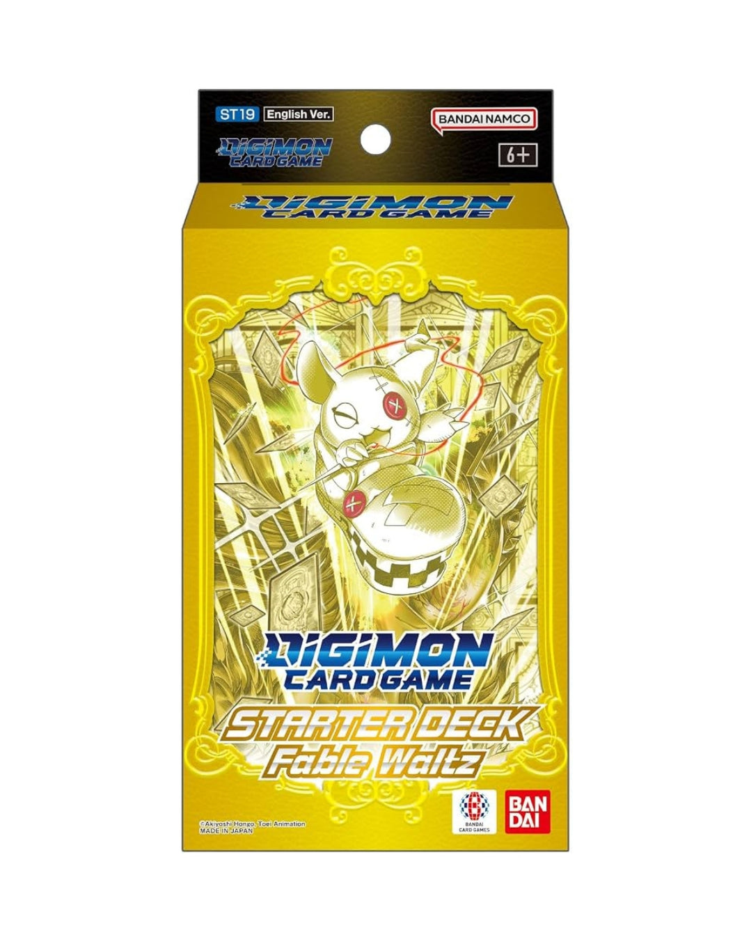 Digimon Card Game Starter Deck: Fable Waltz Card Game package on a plain white background. The box is predominantly bright yellow with blue and black branding, an illustrated character in the center, and visible Bandai Namco branding.