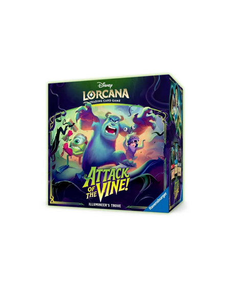 Disney Lorcana Trading Card Game 'Attack of the Vine!' box on a plain white background. The box art features colorful cartoon characters in a dark purple scene with the title 'Attack of the Vine!' in large yellow-green text.