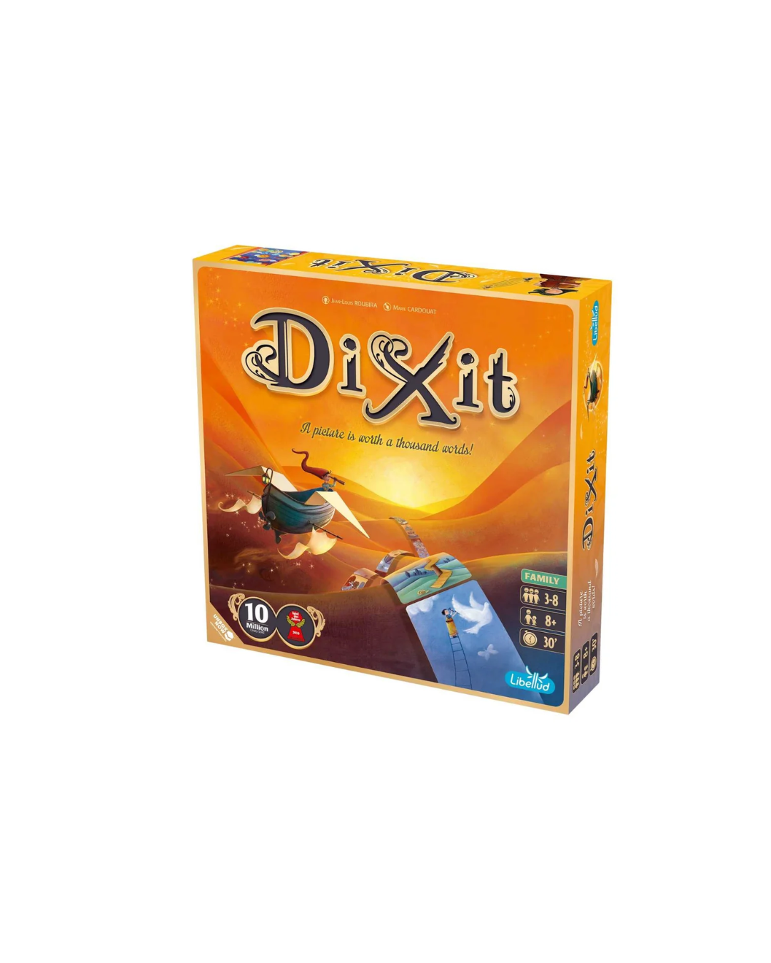 Dixit board game box on a plain white background, showing the orange and yellow packaging with illustrated characters and the Dixit title.