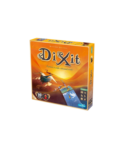 Dixit board game box on a plain white background, showing the orange and yellow packaging with illustrated characters and the Dixit title.