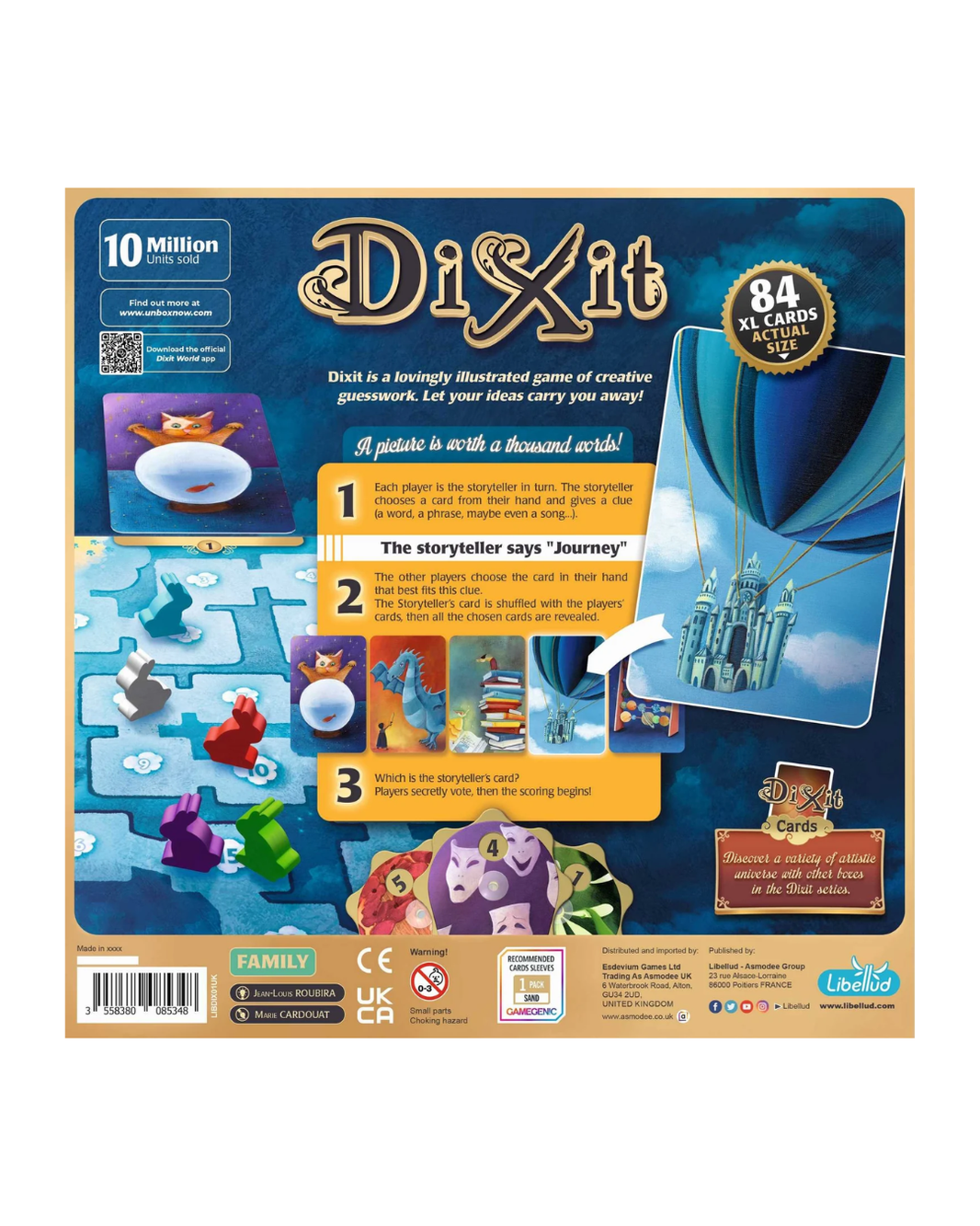The back of the Dixit board game box, showing the brand logo, product details, and colorful illustrated game board and characters on a tan background.