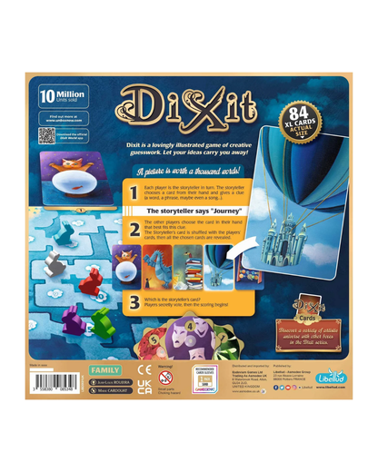 The back of the Dixit board game box, showing the brand logo, product details, and colorful illustrated game board and characters on a tan background.