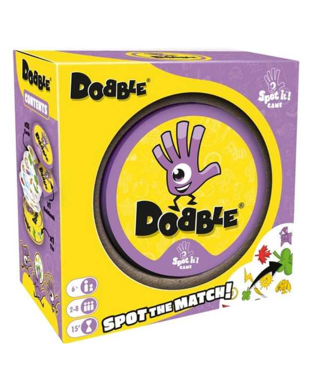 Dobble Spot the Match! game box, featuring a bright yellow and purple design with the iconic hand logo.