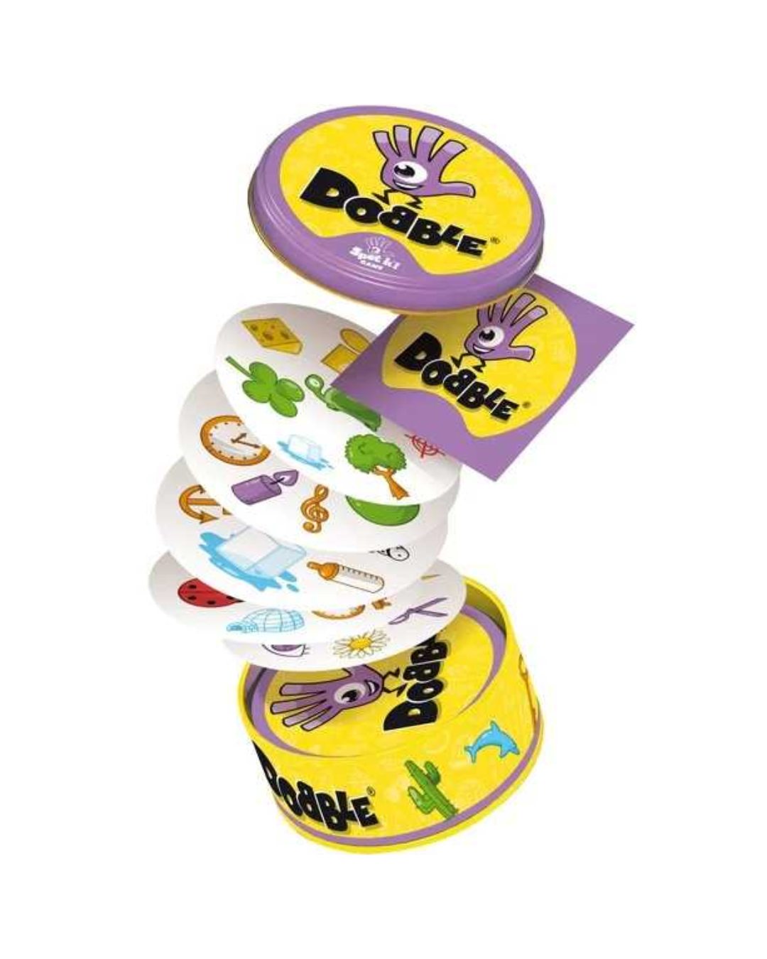 A stack of colorful Dobble cards fanned out from a round yellow and purple Dobble game tin on a plain white background.
