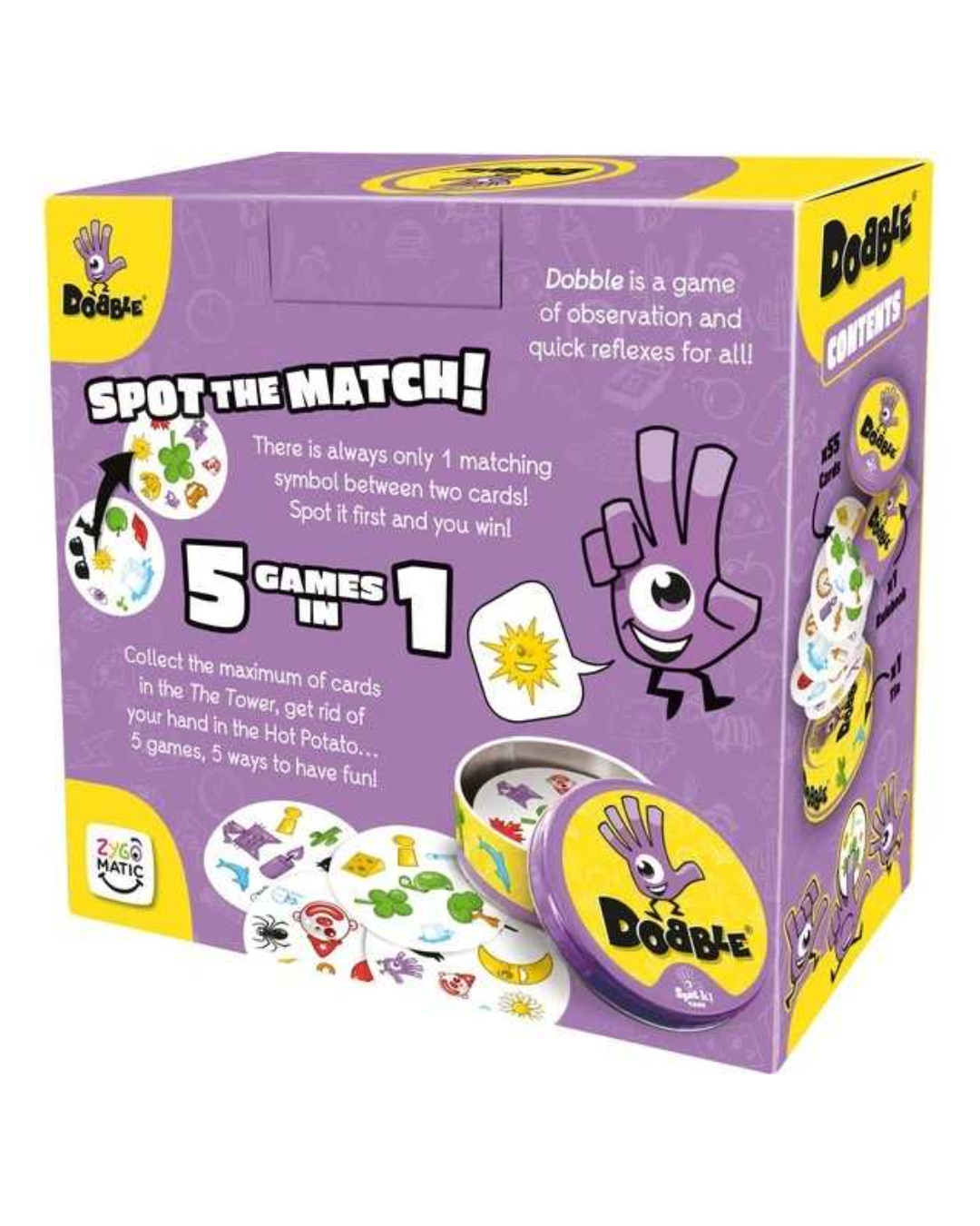 Dobble Spot the Match children's game box in purple packaging with yellow side panels, showing the brand Dobble and the product name clearly on a clean white background.