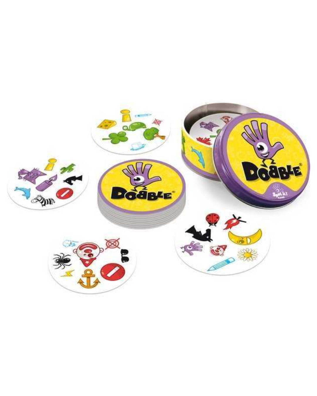 The Doodle activity card game set, featuring a round metal tin with a purple lid, several stacks of white circular cards with colorful doodles, and individual cards scattered on a plain white background.