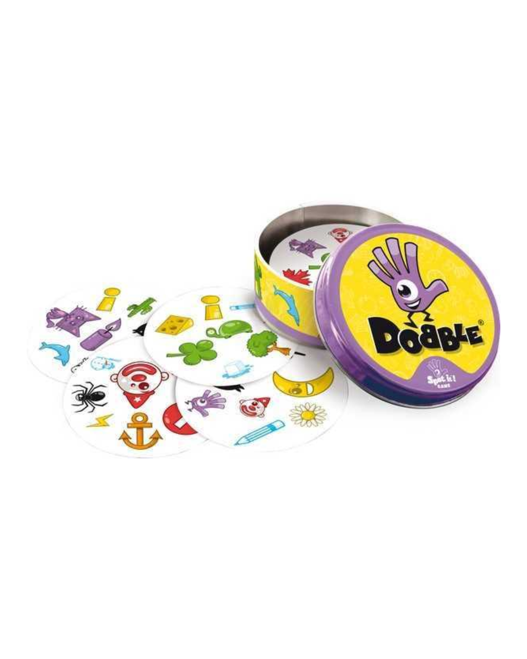 A children's card game set in a round metal tin with the lid leaning against the open container. The tin is yellow and purple with a cartoon hand logo and the brand name 'Dobble'.