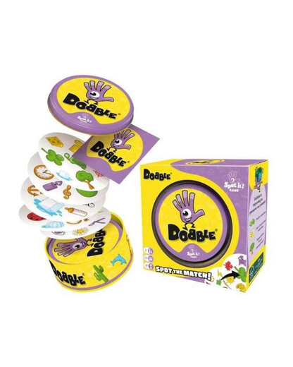 The Dubble Spot the Match! card game set, featuring two yellow and purple circular game tins with a stack of illustrated cards fanned out, and the product box on a plain white background.