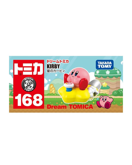 TOMICA Dream Kirby No. (168) model kit packaging by Takara Tomy, featuring Kirby on a yellow cloud with a star, set against a colorful Mario-themed background.