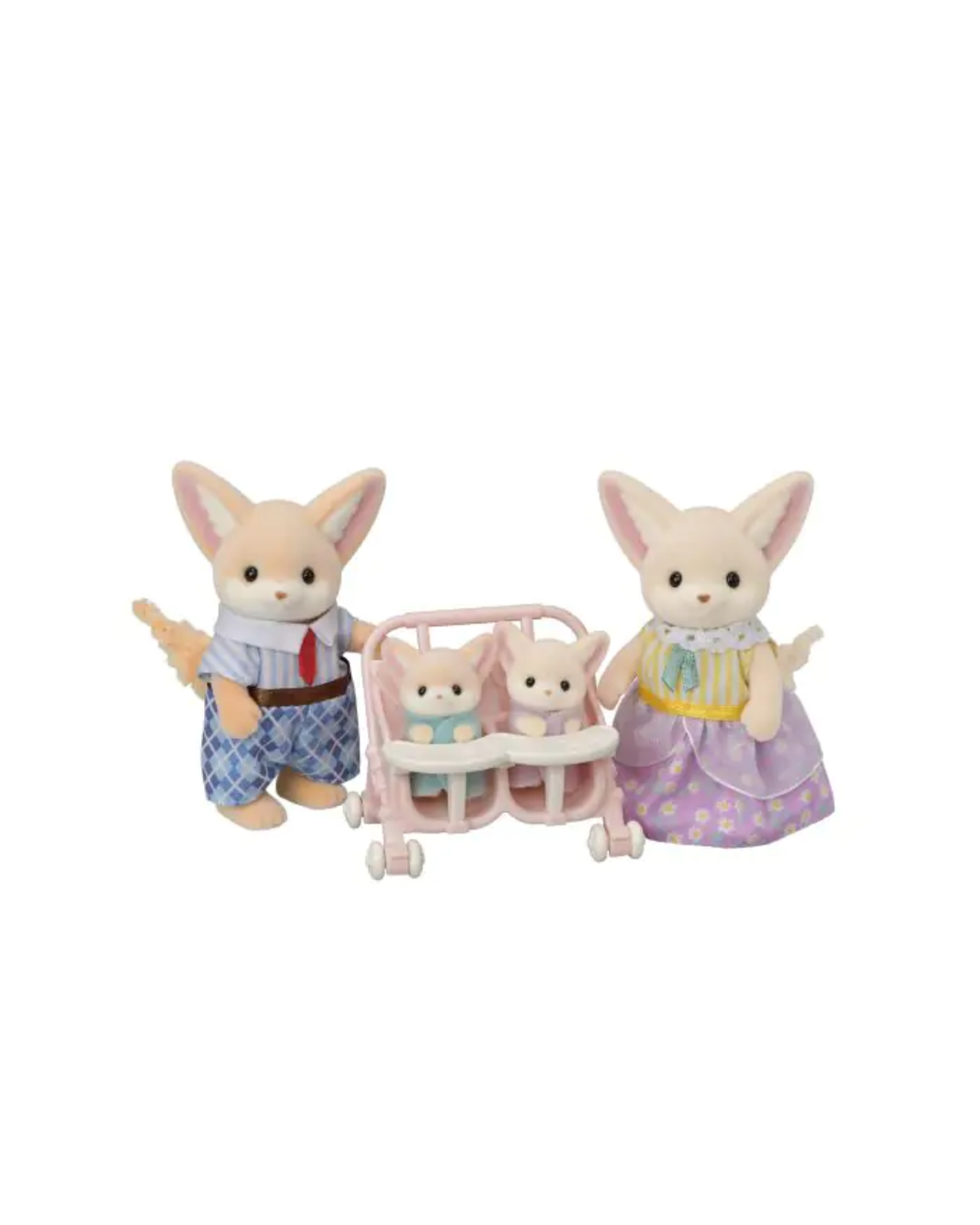 Sylvanian Families Fennec Fox Family , featuring a mother, father, and two baby fox figures with a pink stroller.