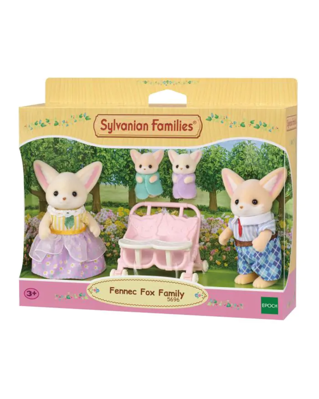 Sylvanian Families Fennec Fox Family  toy set in its original retail packaging, featuring a mother, father, and two baby fox figures with a pink stroller.