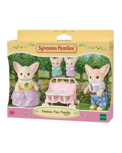 Sylvanian Families Fennec Fox Family  toy set in its original retail packaging, featuring a mother, father, and two baby fox figures with a pink stroller.
