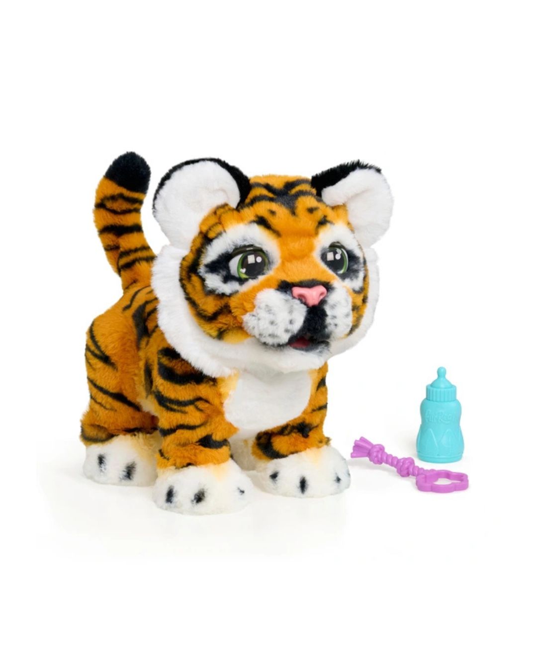 Fur Real- Gabby the Grown and Roar Tiger with an accessory bable bottle and bubble wand on a white background.