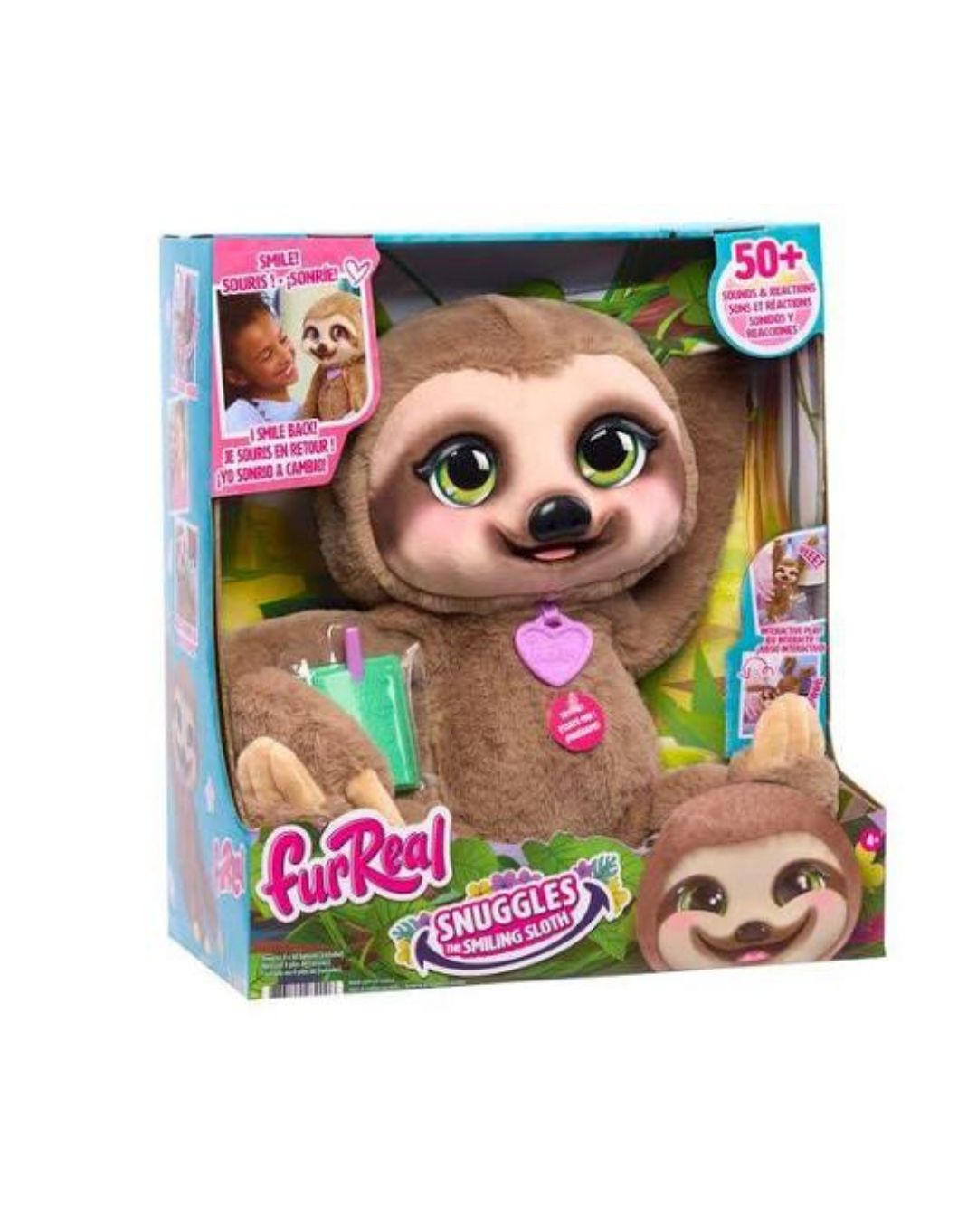 FurReal Snuggles the Smiling Sloth retail packaging, featuring a plush sloth toy situated on a white background.