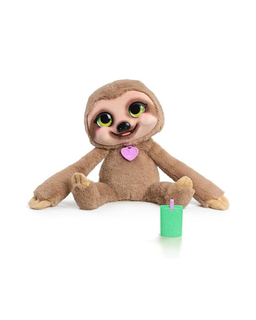 A bplush sloth snuggles toy with large green eyes and a pink heart-shaped collar, sitting on a white background. 