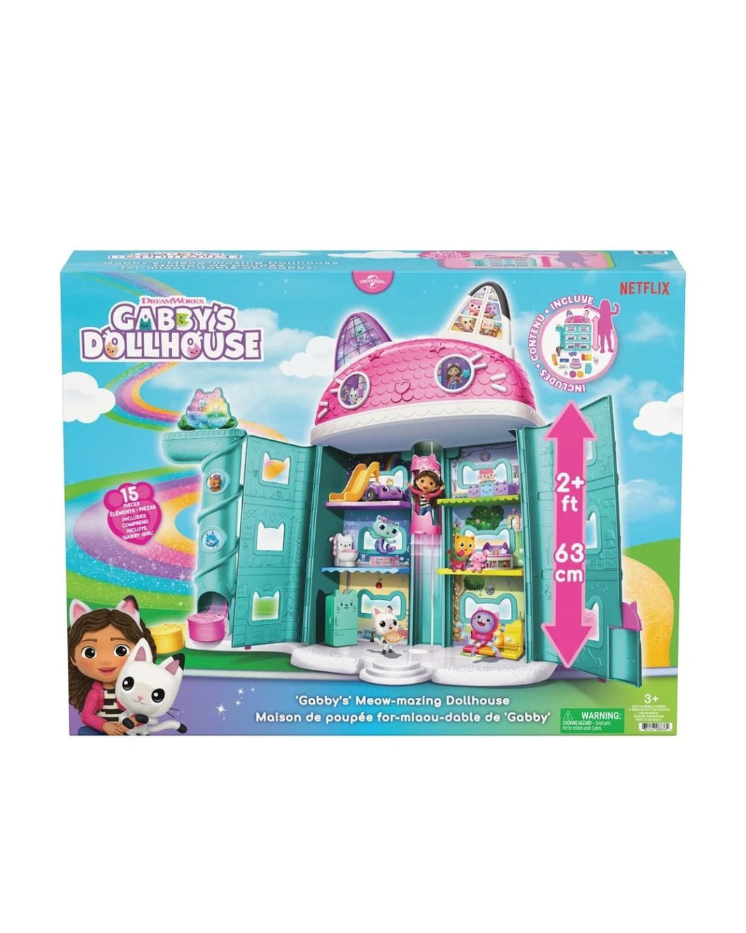 Boxed Gabbys Meow-Mazing Dollhouse toy set shown on a white background, with the illustrated playset visible on the front and product text including size information and a Netflix logo.