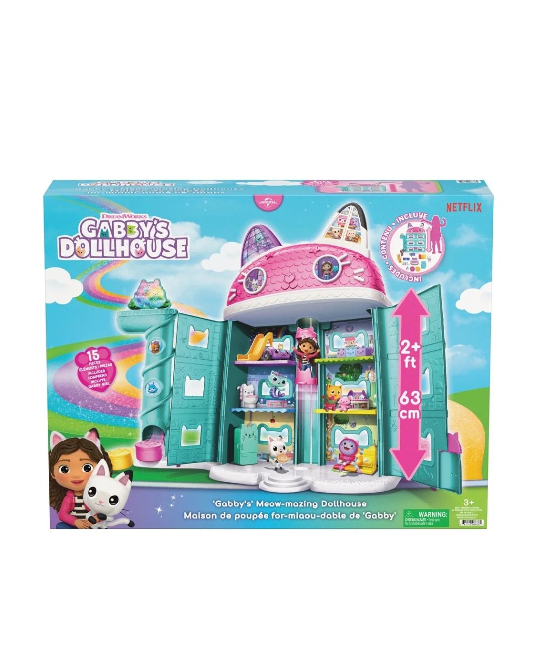 Boxed Gabbys Meow-Mazing Dollhouse toy set shown on a white background, with the illustrated playset visible on the front and product text including size information and a Netflix logo.