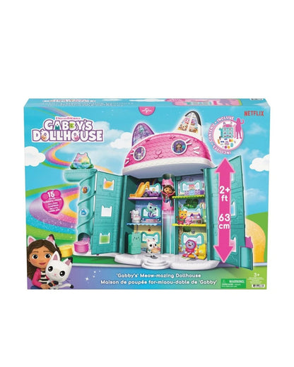 Boxed Gabbys Meow-Mazing Dollhouse toy set shown on a white background, with the illustrated playset visible on the front and product text including size information and a Netflix logo.