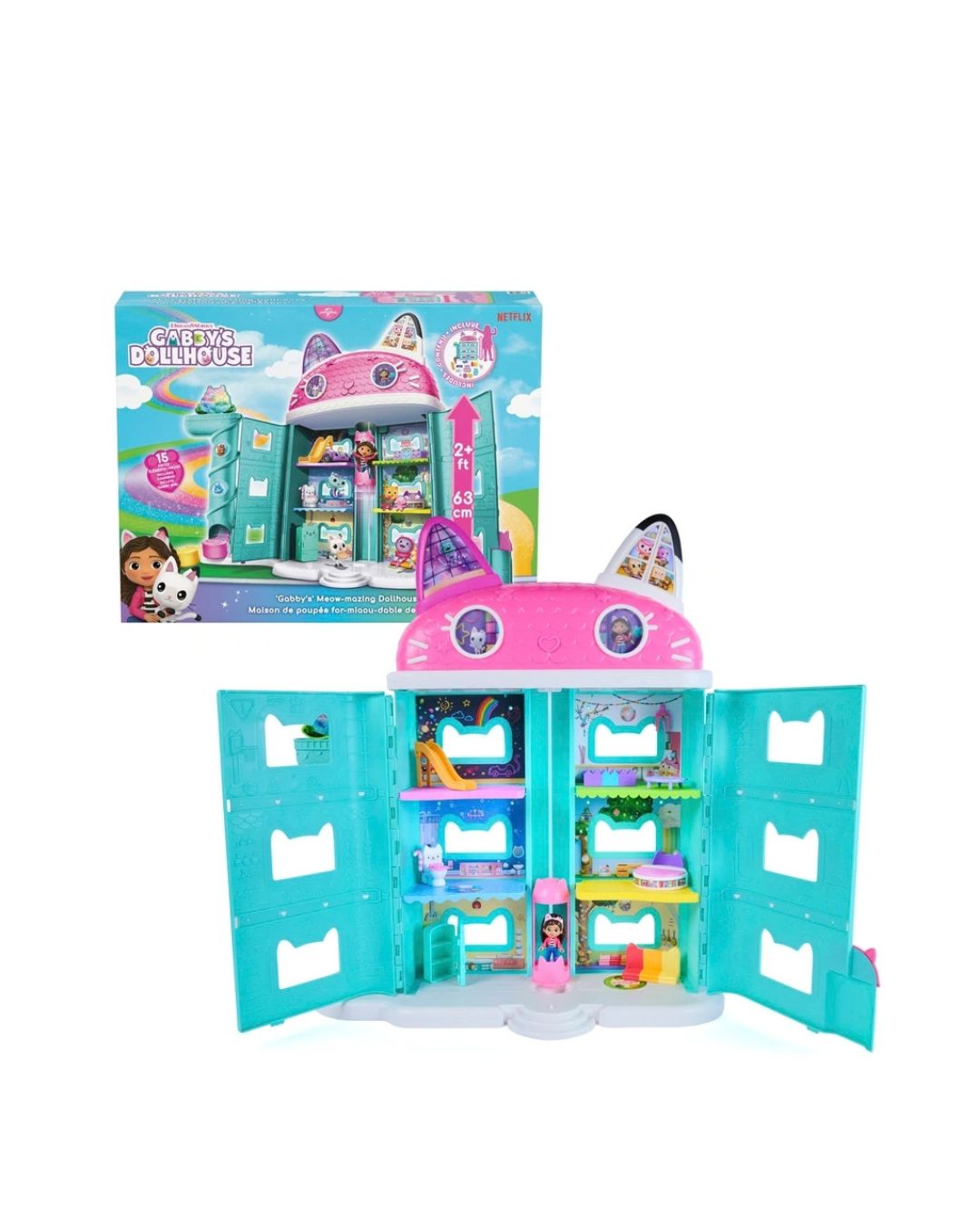 Gabby's Dollhouse Meow-Mazing children's playset toy shown open, revealing six colorful interior rooms, with its retail box displayed above on a plain white background.