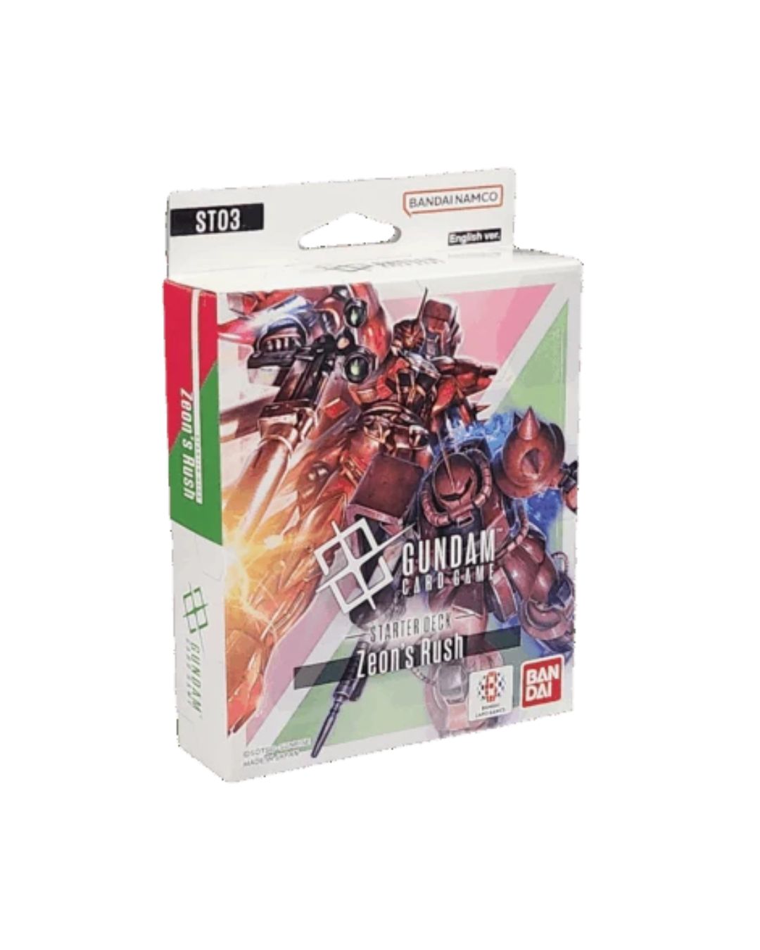 Bandai Card Game: Gundam Zeon's Rush starter pack, featuring colorful Gundam mecha artwork on a white background.