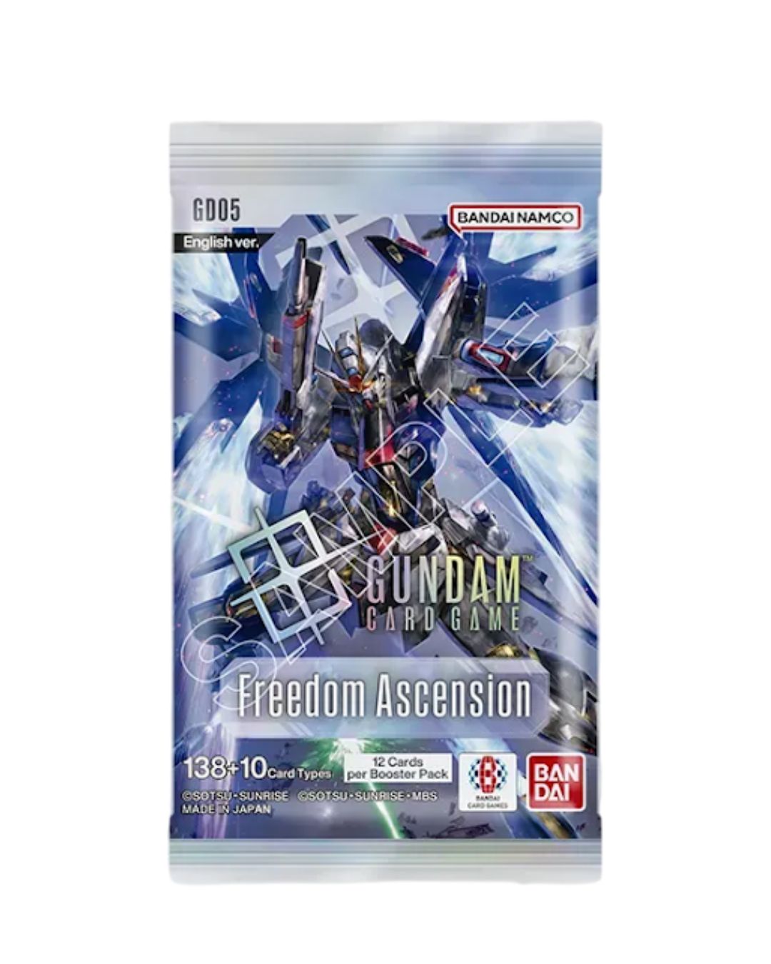 Gundam TCG Freedom Ascension Booster Pack, situated on a white background featuring colorful Gundam mecha artwork.