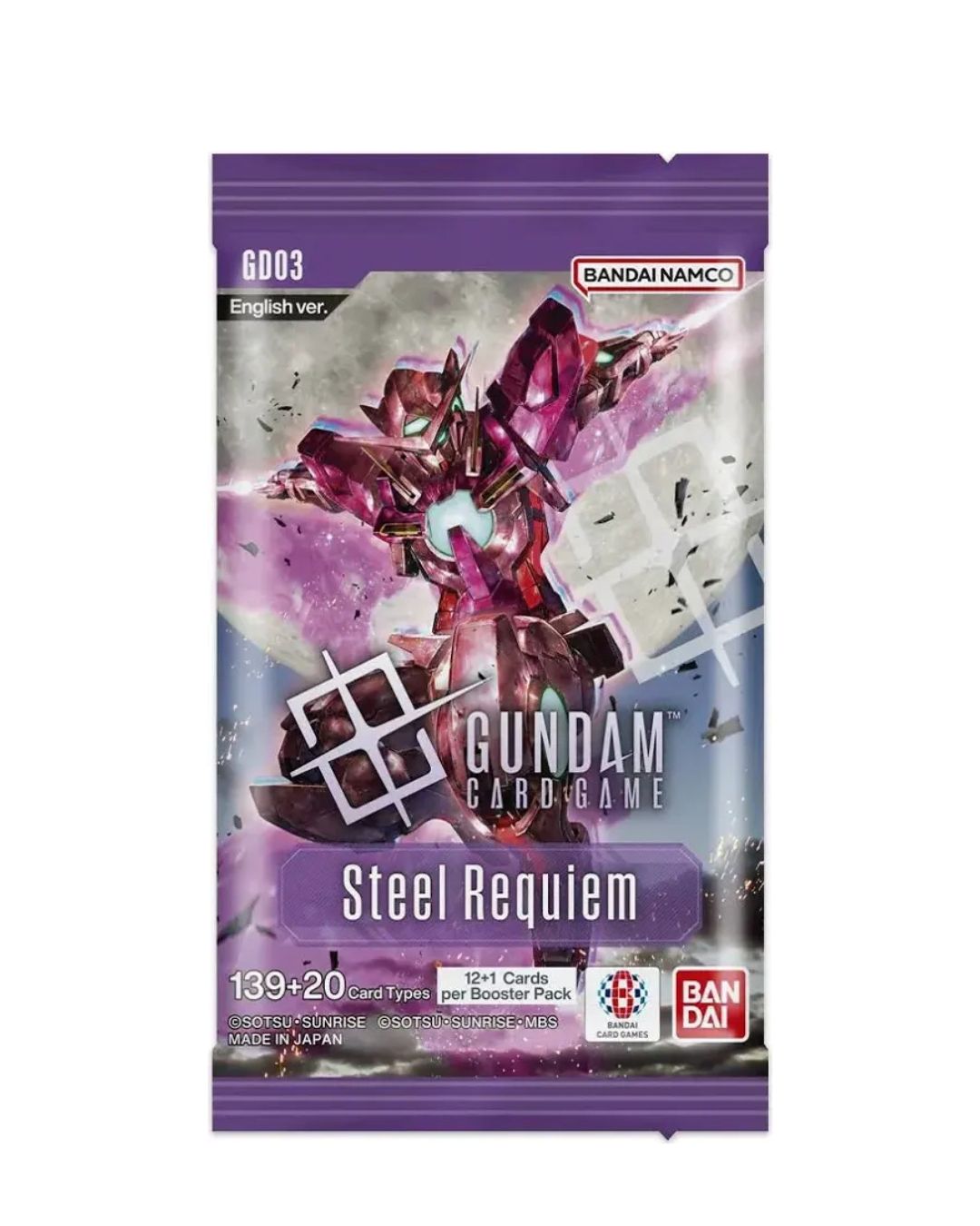 Gundam TCG Steel Requiem Booster Pack, situated on a white background featuring colorful Gundam mecha artwork.