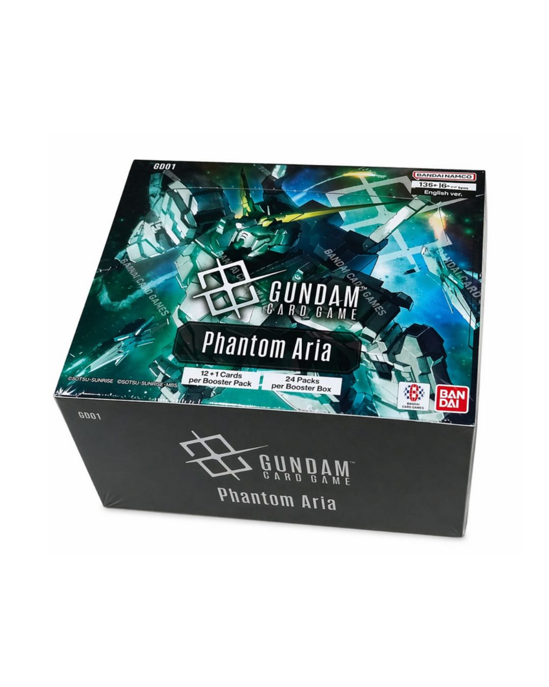 Gundam TCG Card Game Phantom Aria booster box, featuring a black base with a detailed blue and green sci-fi mecha illustration on the top panel, photographed on a white background.