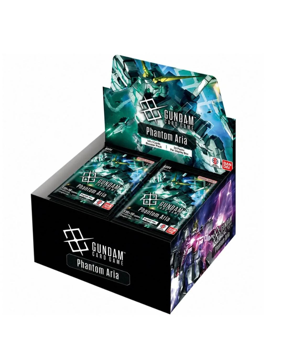 Gundam TCG Card Game Phantom Aria booster box display with multiple individual booster packs visible inside, shown on a plain white background.