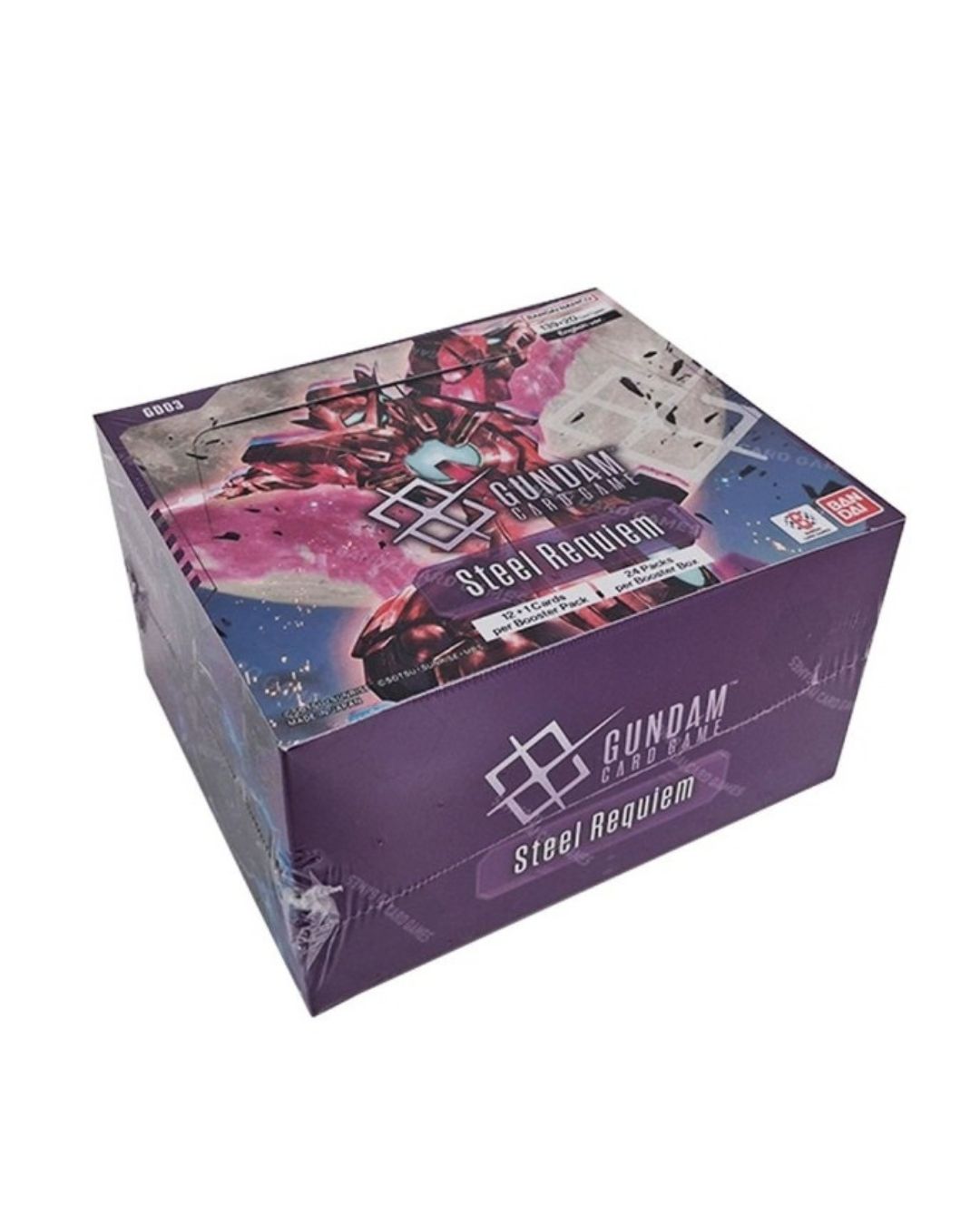 Gundam Trading Card Game: Steel Requiem trading card booster box by Bandai, featuring a space-themed design with a Gundam robot on the top and front.