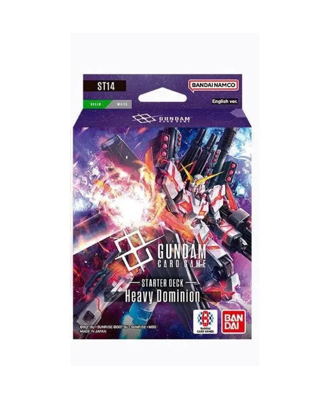 Bandai Card Game: Gundam Heavy Dominion starter pack, featuring colorful Gundam mecha artwork on a white background.