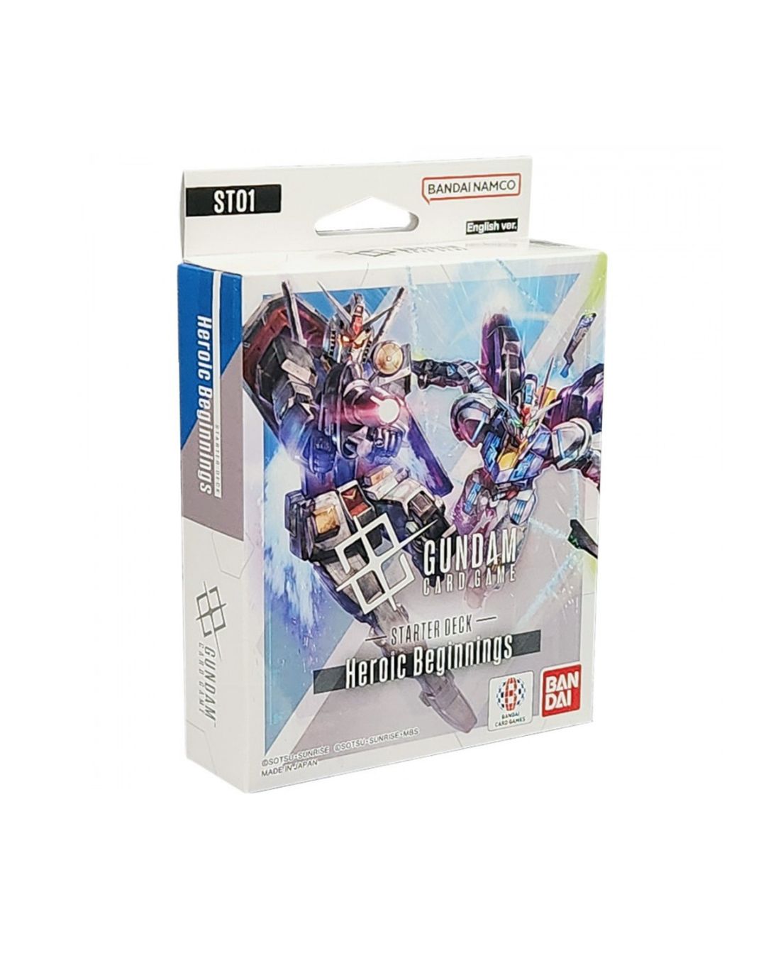 Bandai Card Game: Gundam Heroic Beginnings starter pack, featuring colorful Gundam mecha artwork on a white background.