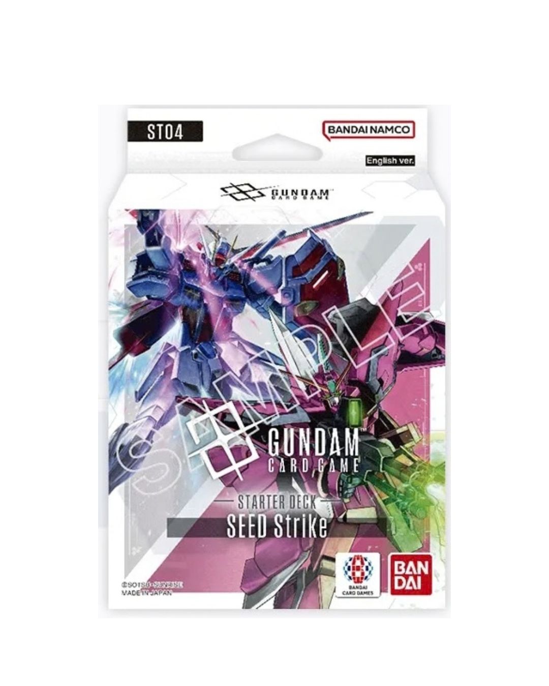 Bandai Card Game: Gundam Seed Strike starter pack, featuring colorful Gundam mecha artwork on a white background.