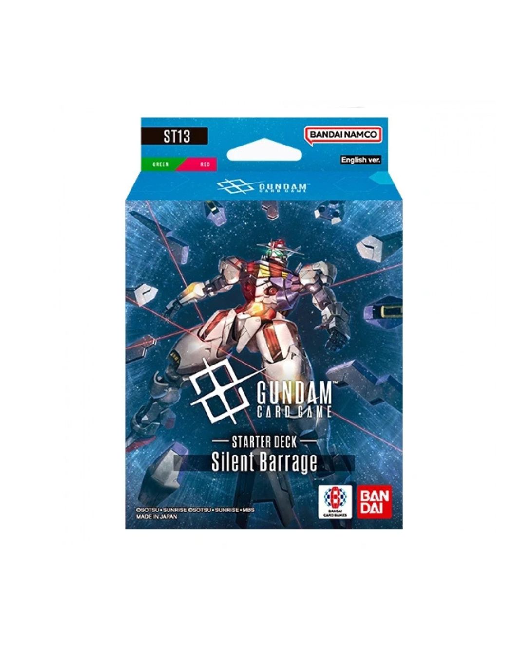 Bandai Card Game: Gundam Silent Barrage starter deck, featuring colorful Gundam mecha artwork on a white background.