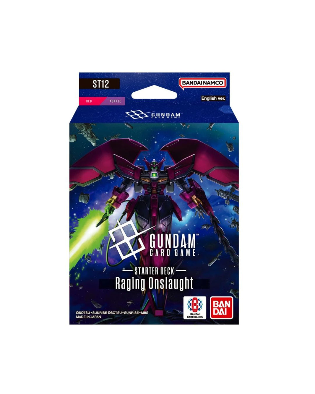 Bandai Card Game: Gundam Raging Onslaught starter pack, featuring colorful Gundam mecha artwork on a white background.