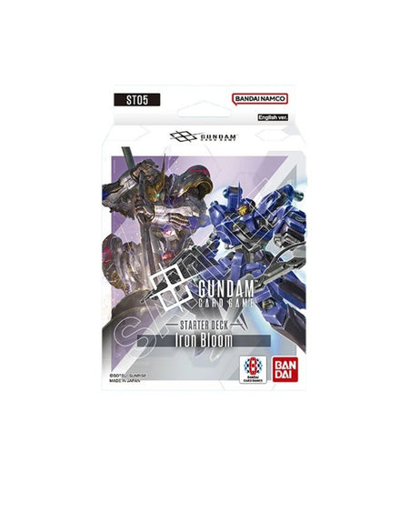 Bandai Card Game: Gundam Iron Bloom  starter deck, featuring colorful Gundam mecha artwork on a white background.