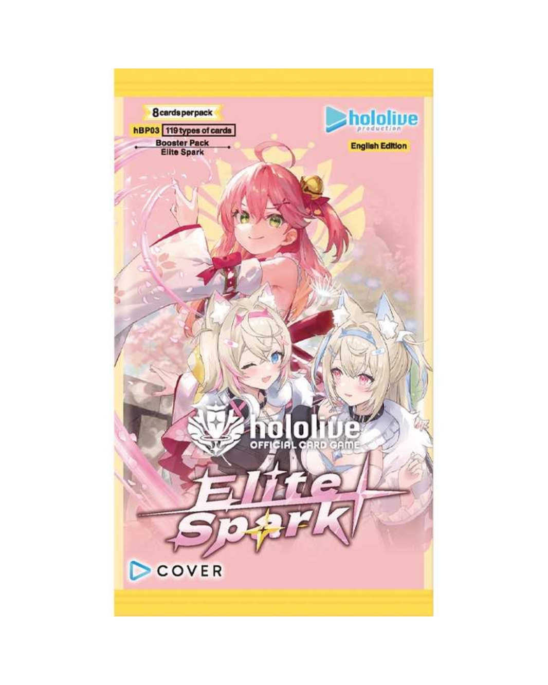 A Hololive Official Card Game 'Elite Spark!' booster pack cover, featuring anime character illustrations on a pink background with yellow borders.