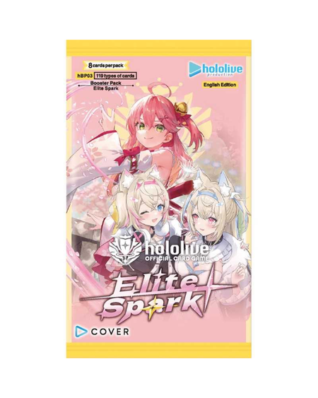 A Hololive Official Card Game 'Elite Spark!' booster pack cover, featuring anime character illustrations on a pink background with yellow borders.