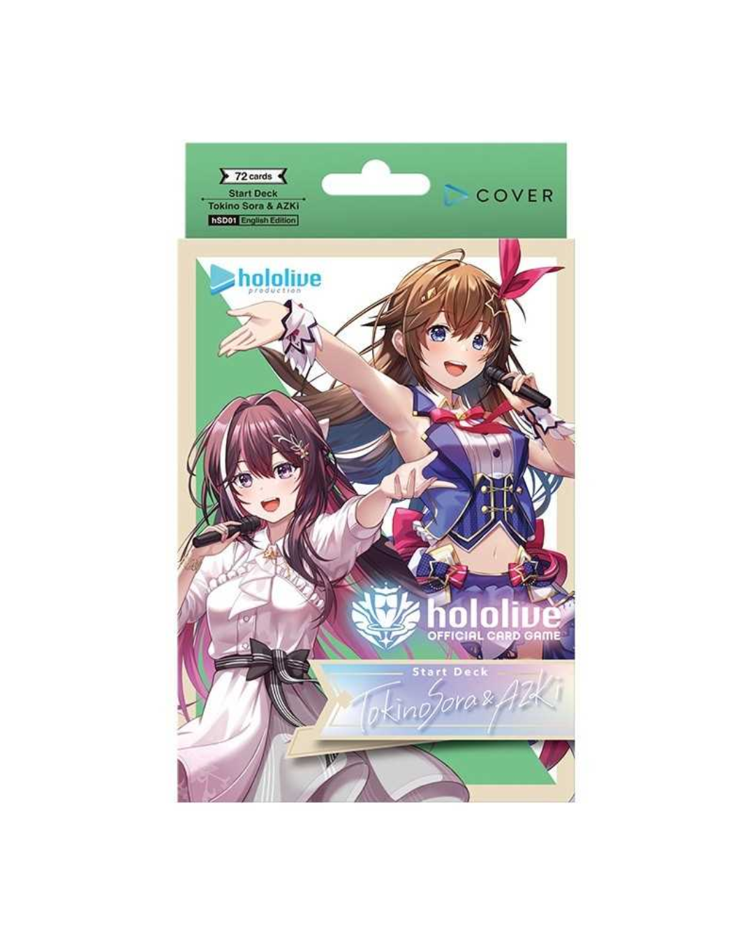 HoloLIVE  card cover pack featuring two illustrated female anime characters on the front, with a green header card and visible HoloLIVE branding.