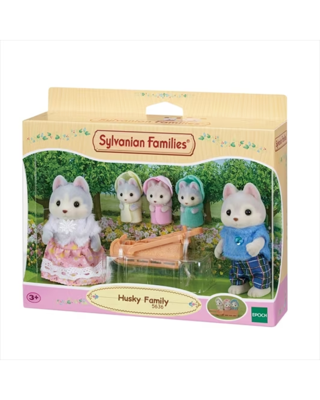Sylvanian Families Husky Family toy set in its original packaging, featuring a husky family of five animal characters with a small wooden sled on a  hill backdrop.