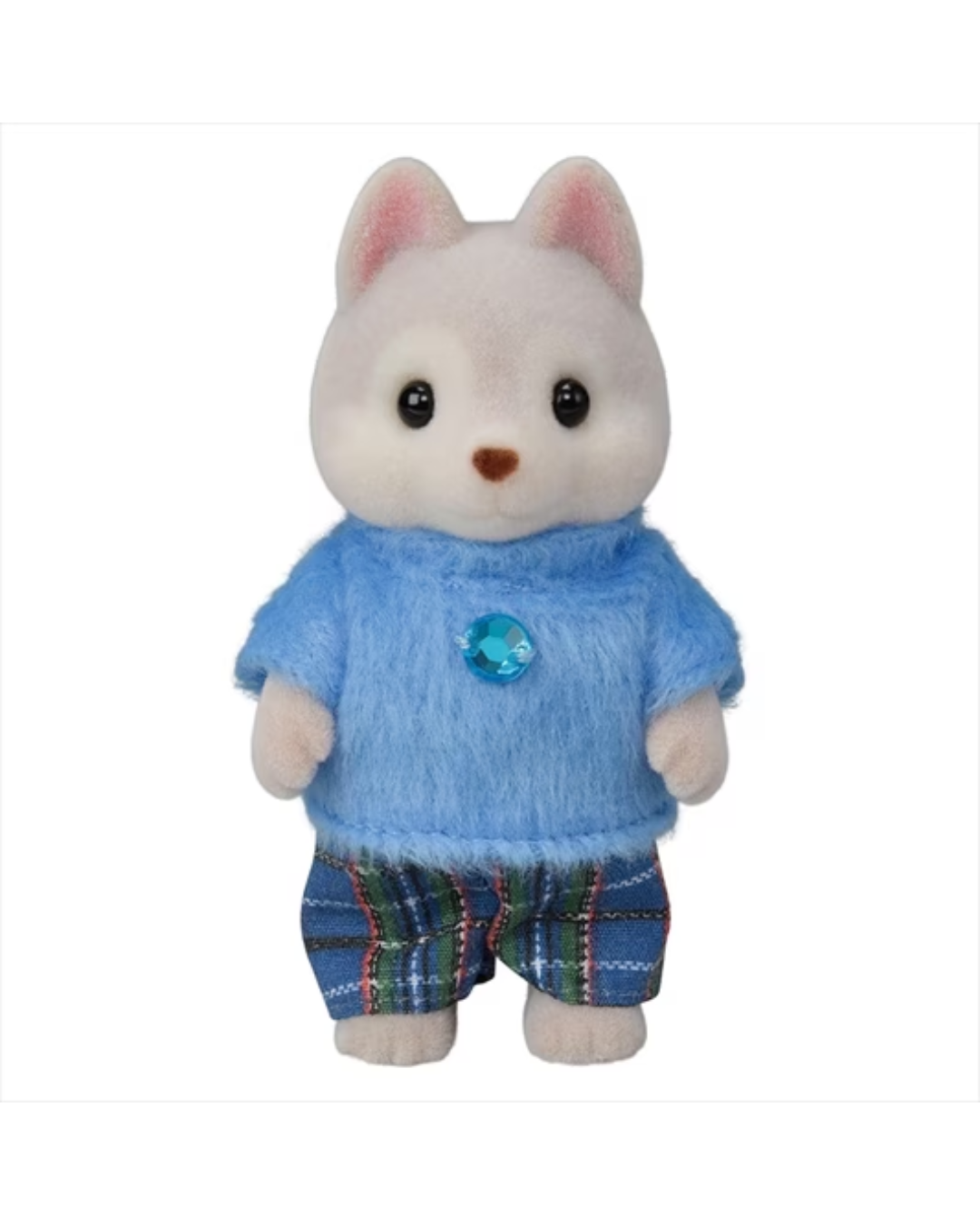 A Sylvanian Husky father figurine with white fur, pink inner ears, and large black eyes, wearing a fuzzy light blue sweater with a blue button and plaid shorts in blue, green, and red, shown on a plain white background.