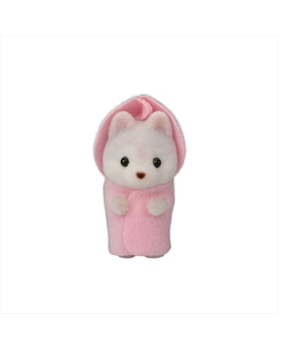 A baby sylvanian huskey wearing a pink hooded robe, centered on a plain white background.