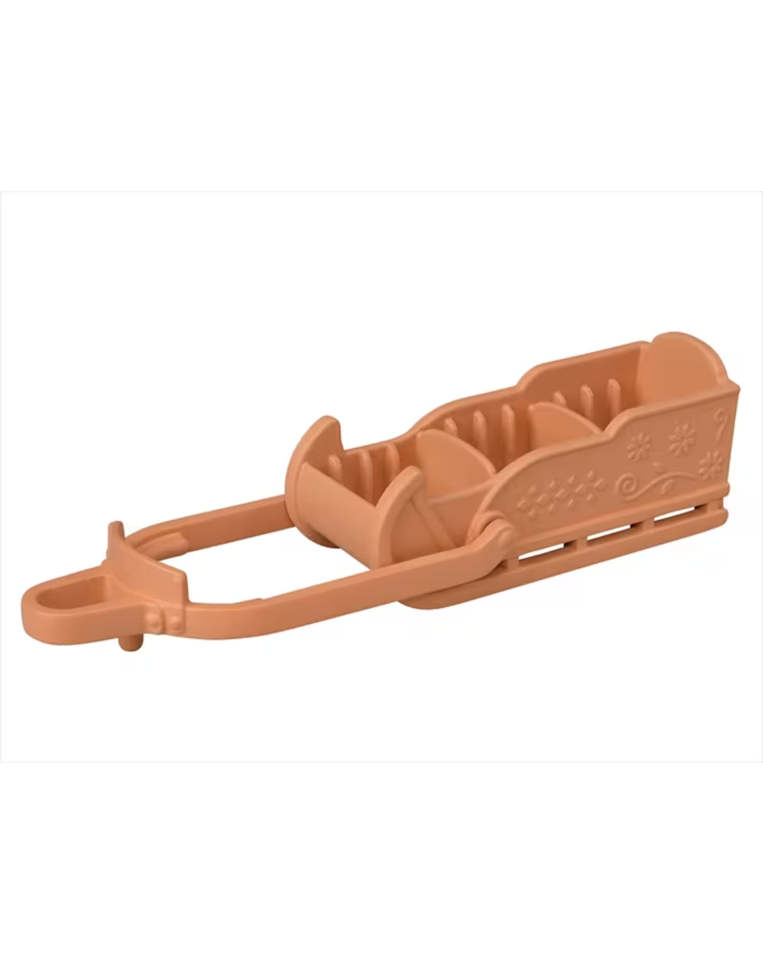 An orange plastic sylvanian families sled or sleigh with a handle and decorative embossed details, shown on a plain white background.